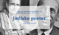 Sort/hvid baggrund med teksten 'Jødisk Informationscenter og poesiens hus præsenterer Jødiske poeter, jøder i kunsten' med blå skrift