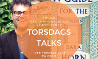 Tekst hvor der står 'Jødisk Informationscenter præsenterer Torsdags talks, på baggrund