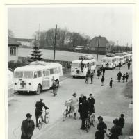 En række af hvide busser der hentede jøder hjem til Danmark fra Theresienstadt 